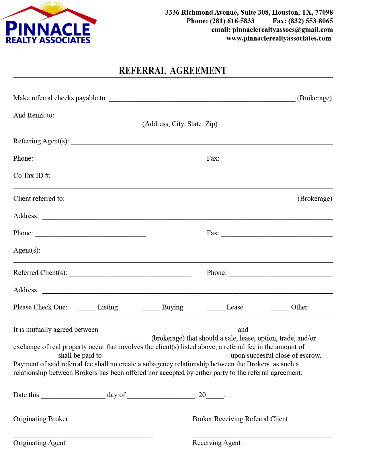 Referral Agreement Pinnacle Realty Associates